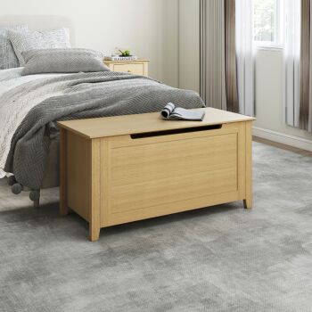 Henley Blanket Box oak effect ESSENTIALS FLAT PACK This award winning flat pack furniture is delivered (FREE)** to your door ready to assemble