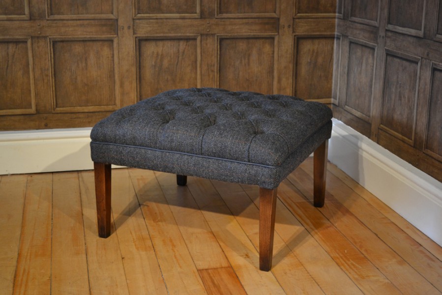Harris Tweed MacKenzie Stool A - Hide Buttons & Piping