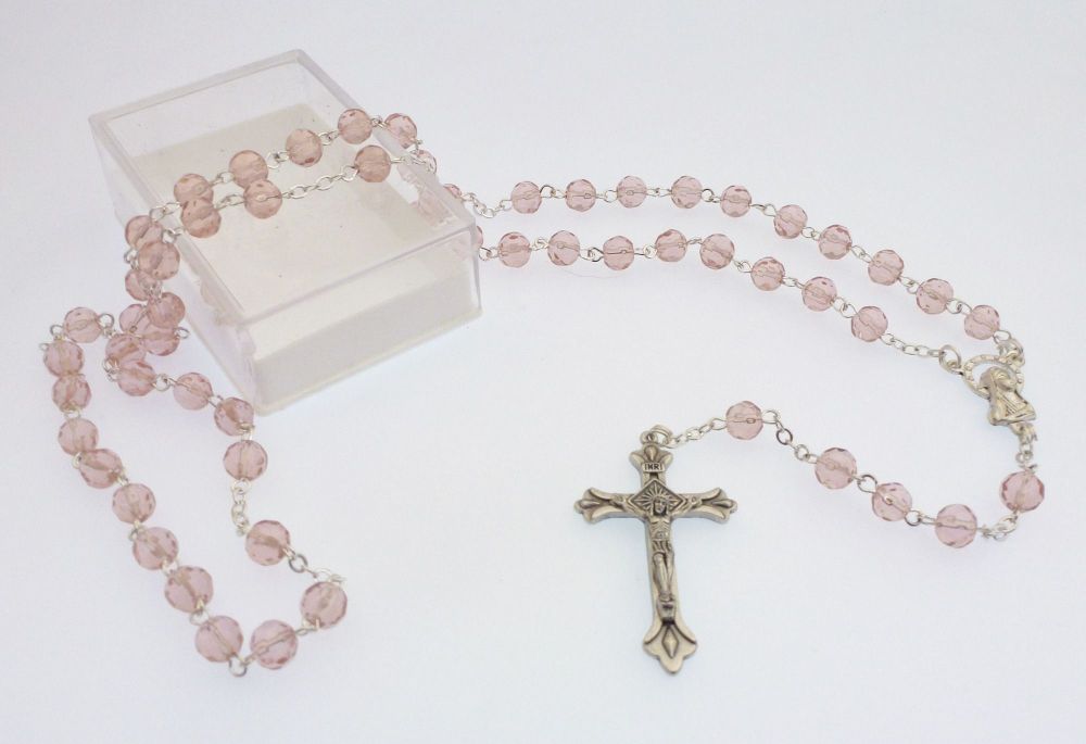 Glass faceted birthstone rosary beads October pink opal colour