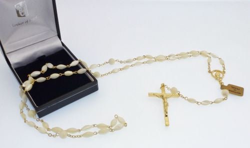Mother of Pearl rosary beads in gift box oval gold chain hand made