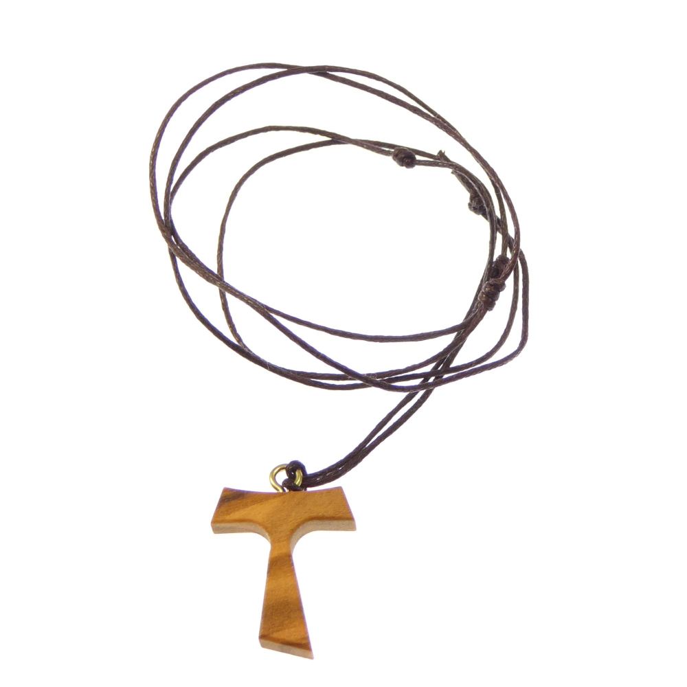 Brown wood Tau crucifix cross necklace black cord