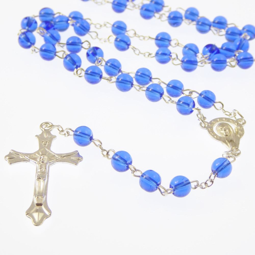 Deep royal blue Catholic rosary beads Our Lady center