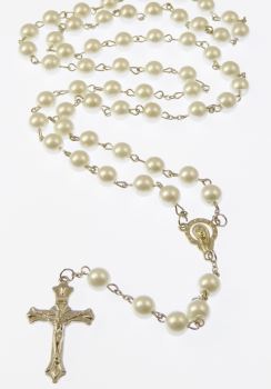 Long white metal long Catholic rosary beads with Our Lady center