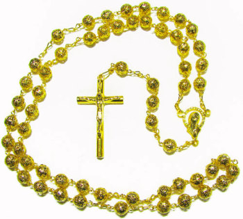 Gold metal filigree rosary beads 6mm beads gold crucifix our lady Catholic
