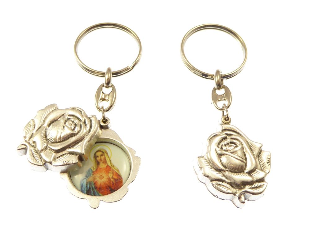 Silver rose slider Immaculate Heart Mary keyring gift 8cm
