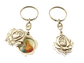 Silver rose slider Immaculate Heart Mary keyring gift 8cm