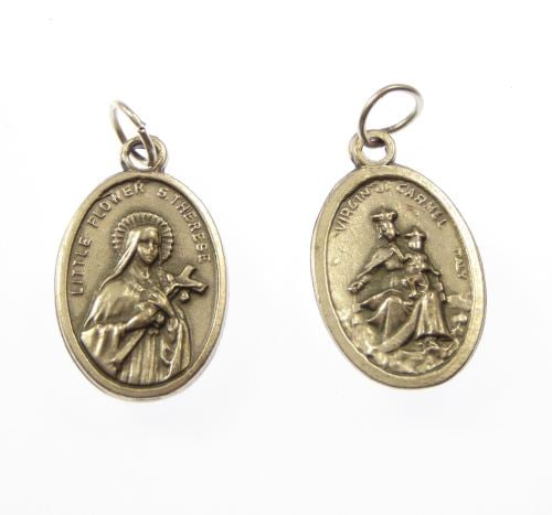 Virgin of Carmel & St. Therese silver metal medal rosary beads pendant