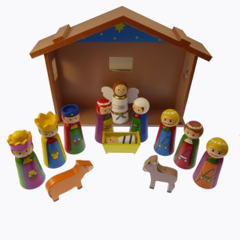 4" figures Children's Christmas Nativity scene set ornament wood shed 