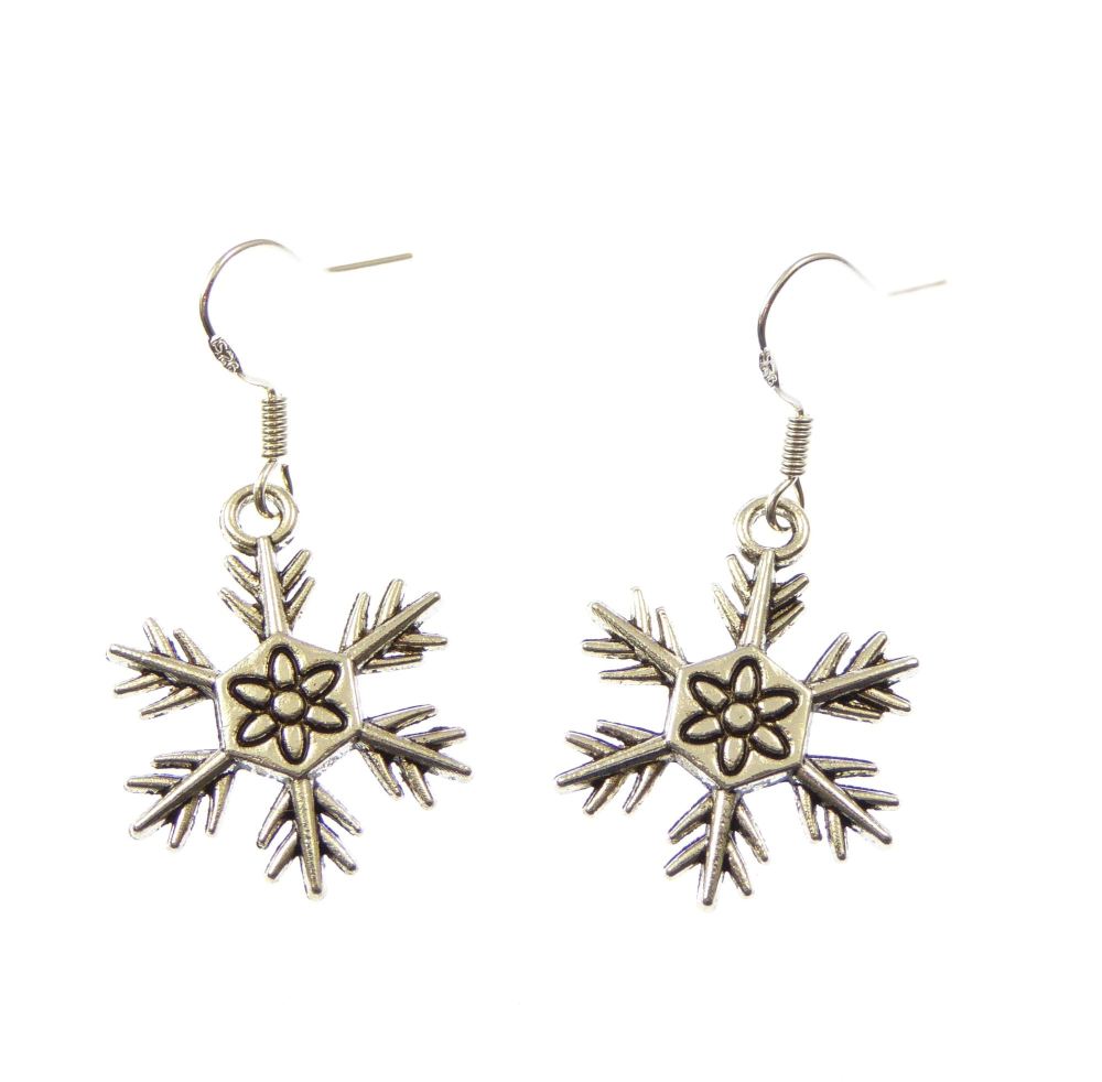 Snow flake silver earrings on sterling silver hooks