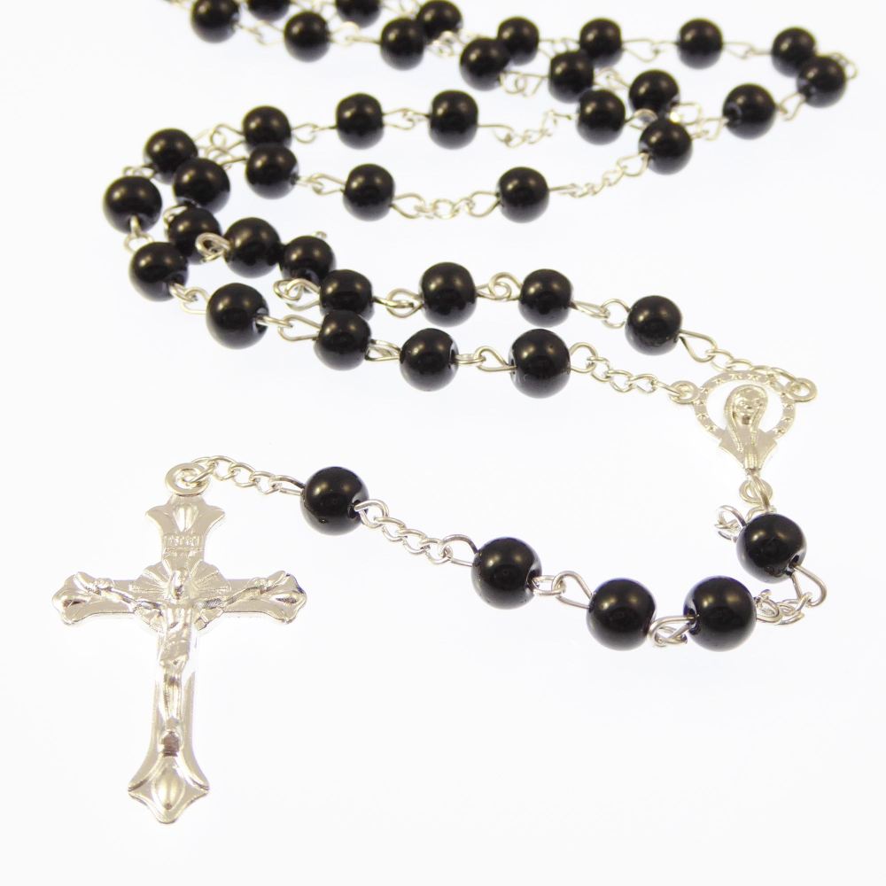 Black round glass Catholic rosary beads Our Lady center
