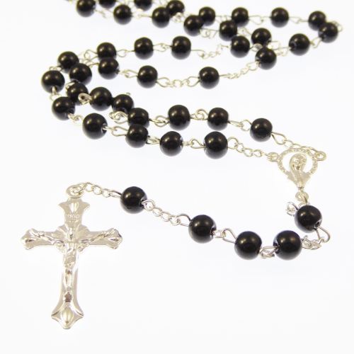 Black round glass Catholic rosary beads Our Lady center