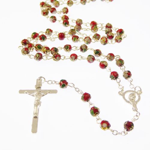 Red, green and white cloisonne rosary beads silver colour chain