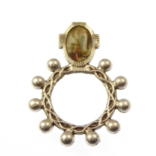 Silver colour metal Catholic Lourdes rosary ring