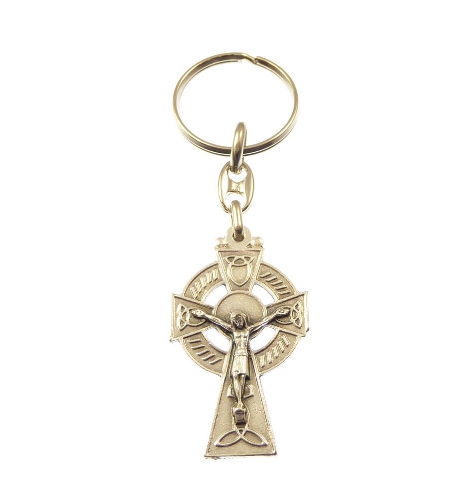 Celtic cross crucifix keyring in silver metal