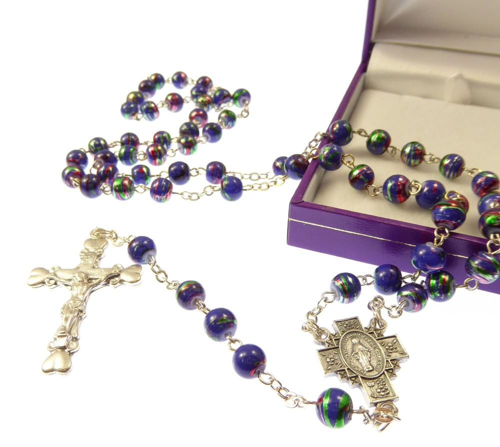 Gift boxed metallic blue rosary beads