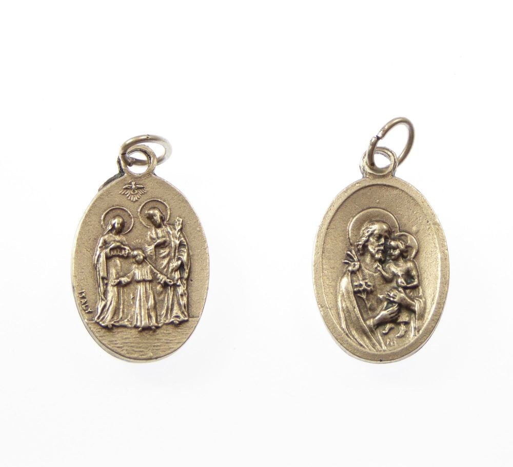 Silver metal Holy Family and St. Joseph medal pendant