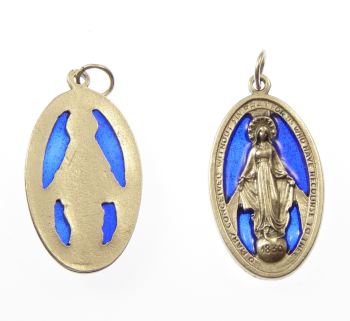 Catholic silver metal Virgin Mary Miraculous medal blue stained glass medal