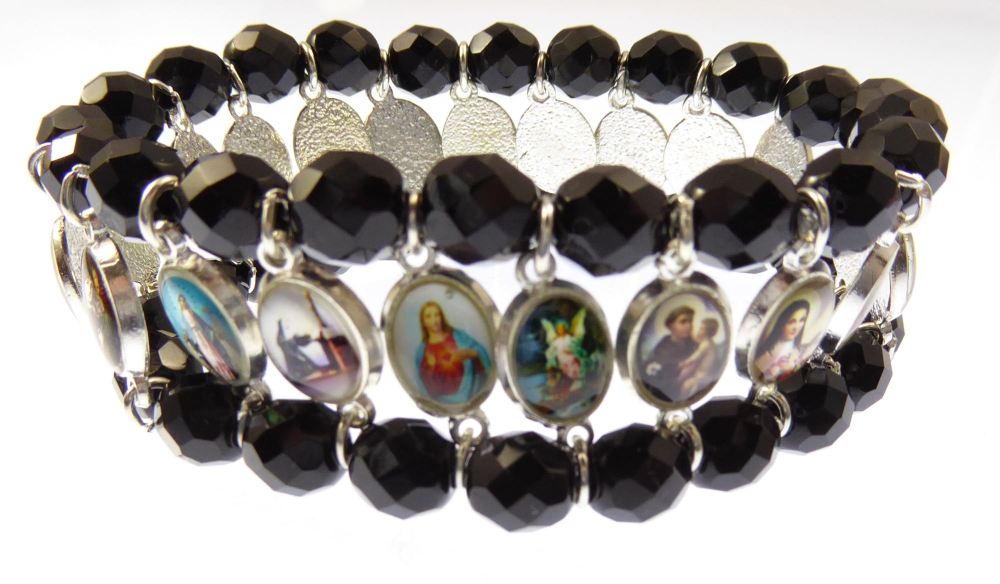 Black faceted glass religious medals catholic stretch bracelet