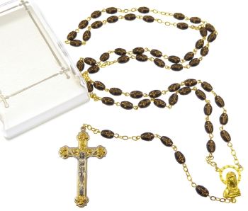 Gift boxed black glass rosary beads with gold chain