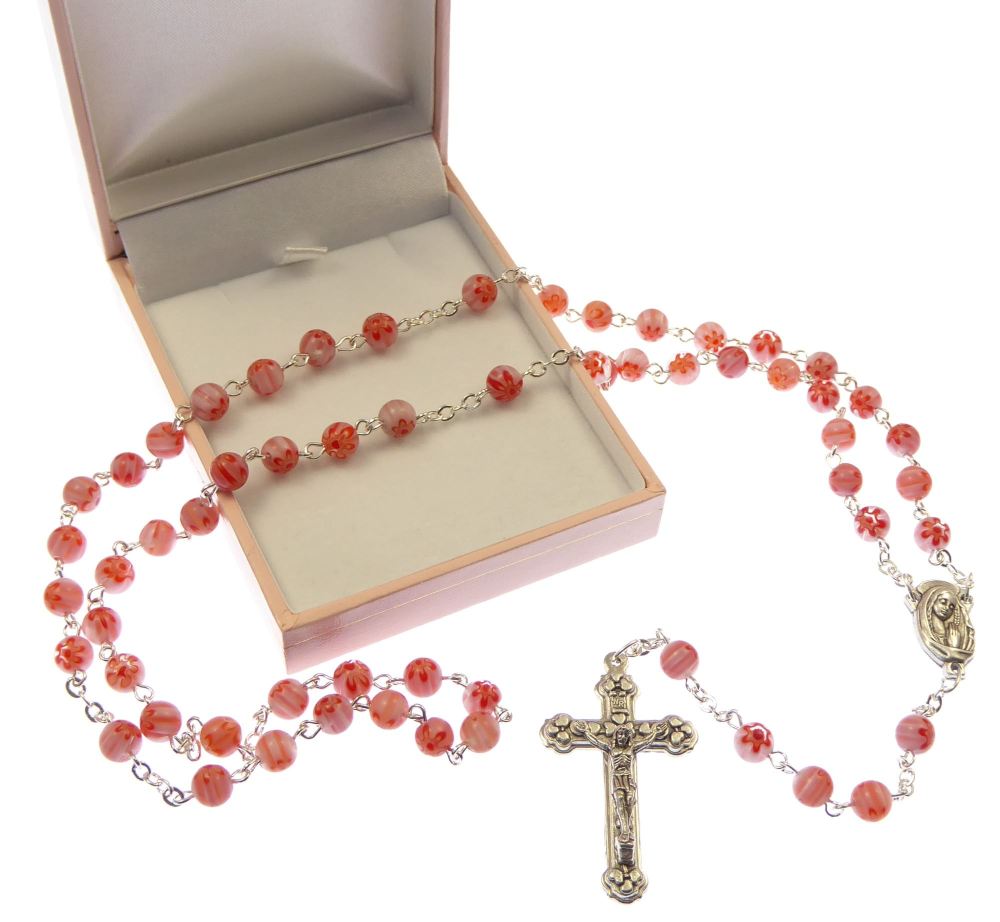 Floral pink unique Catholic rosary beads in gift box