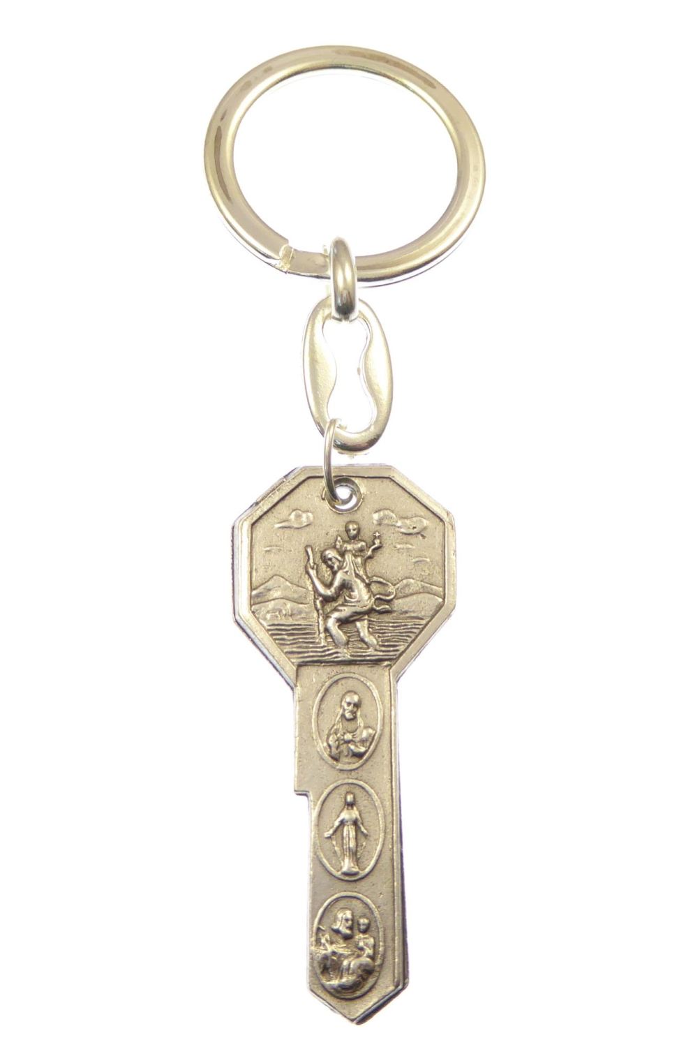Keyring with Catholic images in key shape and silver metal