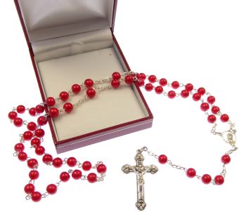 Red metal strong rosary beads in gift box
