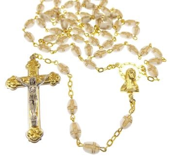 Gift boxed white glass rosary beads with gold chain