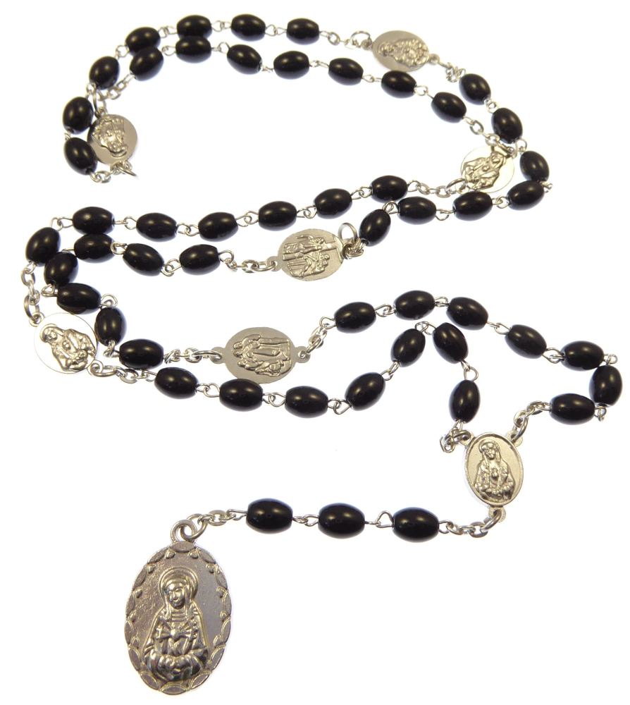 Black glass oval Seven Sorrows medal Mary rosary beads