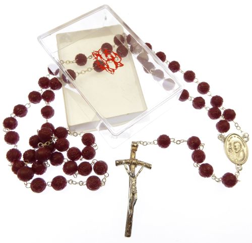Red plastic perfumed rose flower Padre Pio rosary beads
