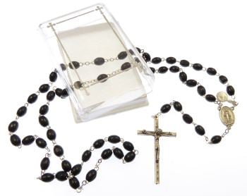 Extra strong black wood rosary beads necklace in gift box
