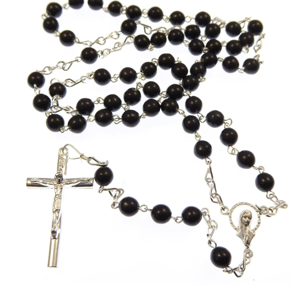 Large rosary beads necklace in 6mm black glass 
