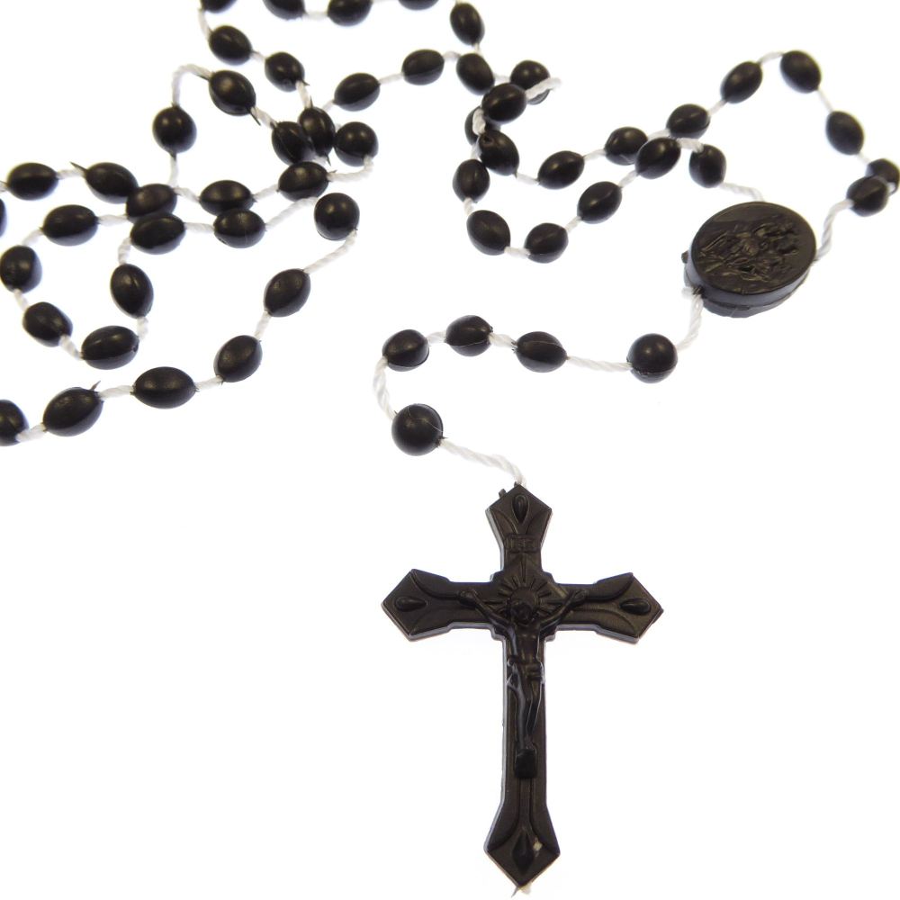 Black plastic rosary beads necklace