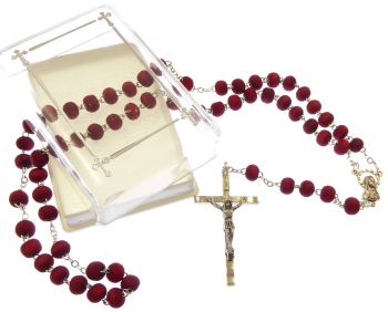 Rose scented red wood rosary beads necklace in box