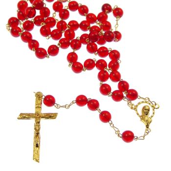 Red glass rosary beads - 6mm - gold chain
