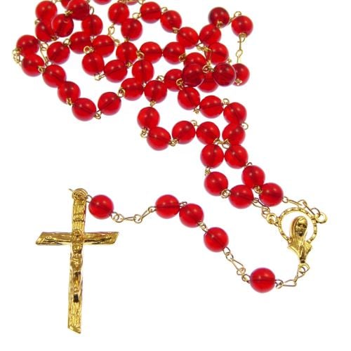 Red glass rosary beads - 6mm - gold chain