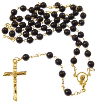 Round black glass rosary beads - 6mm beads - gold