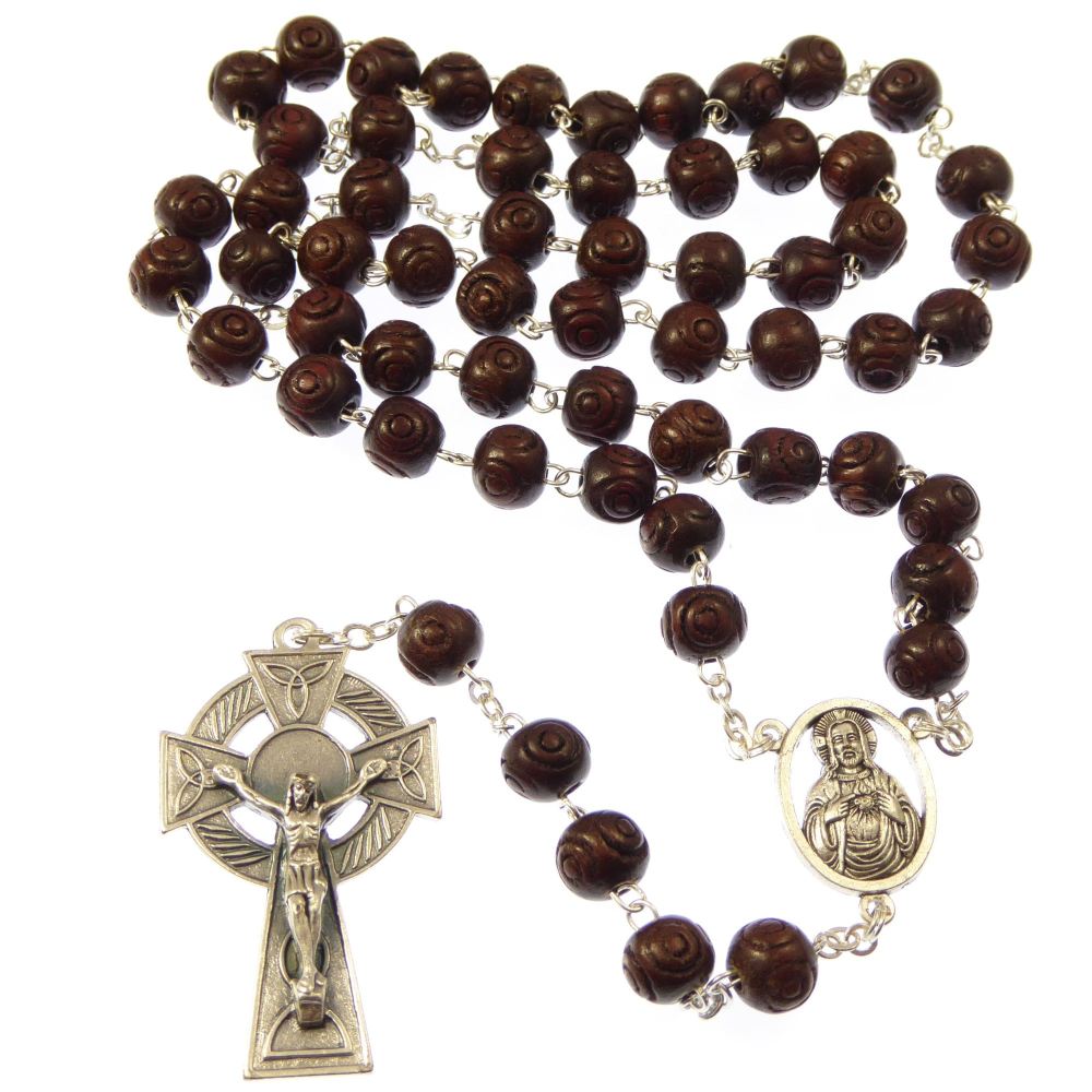 Gift boxed brown wood rosary beads with a celtic crucifix
