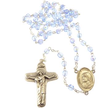 Blue glass faceted Mother Teresa rosary beads in velvet box