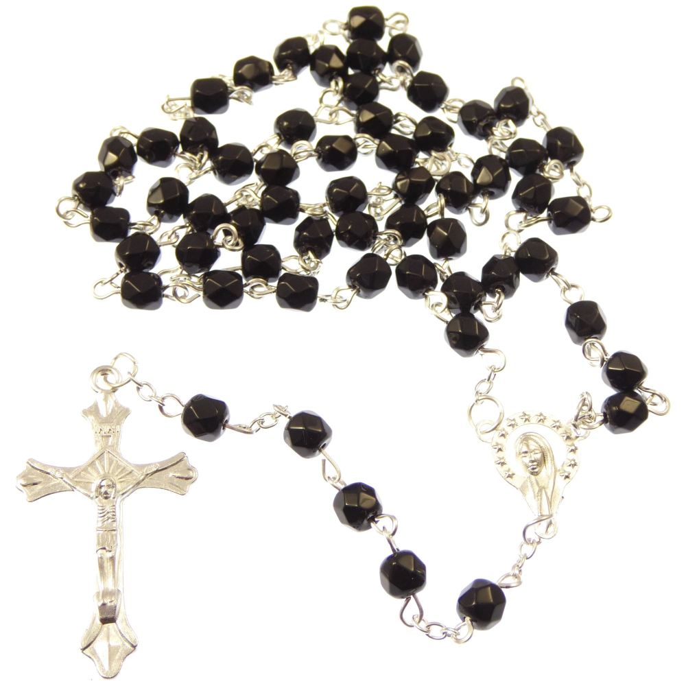 Long black glass Catholic rosary beads Our Lady center