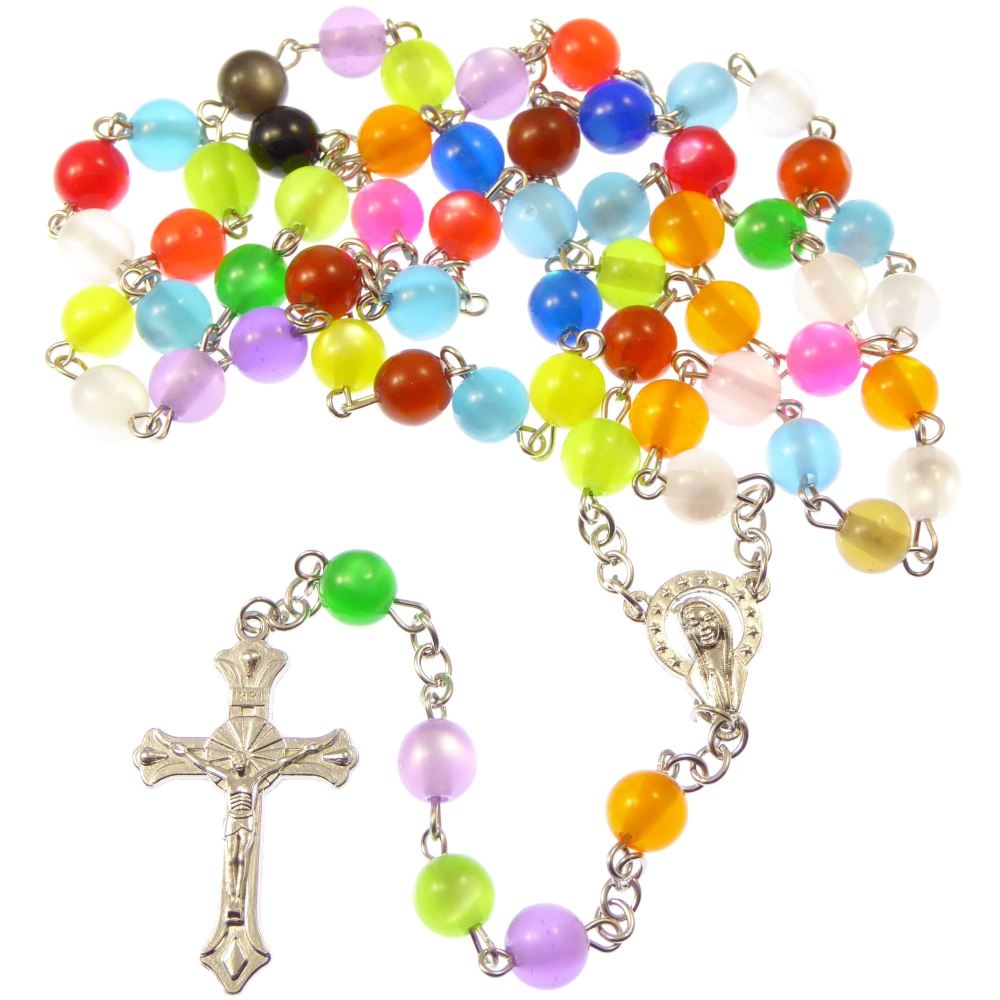 Catholic rainbow round multi-coloured rosary beads
