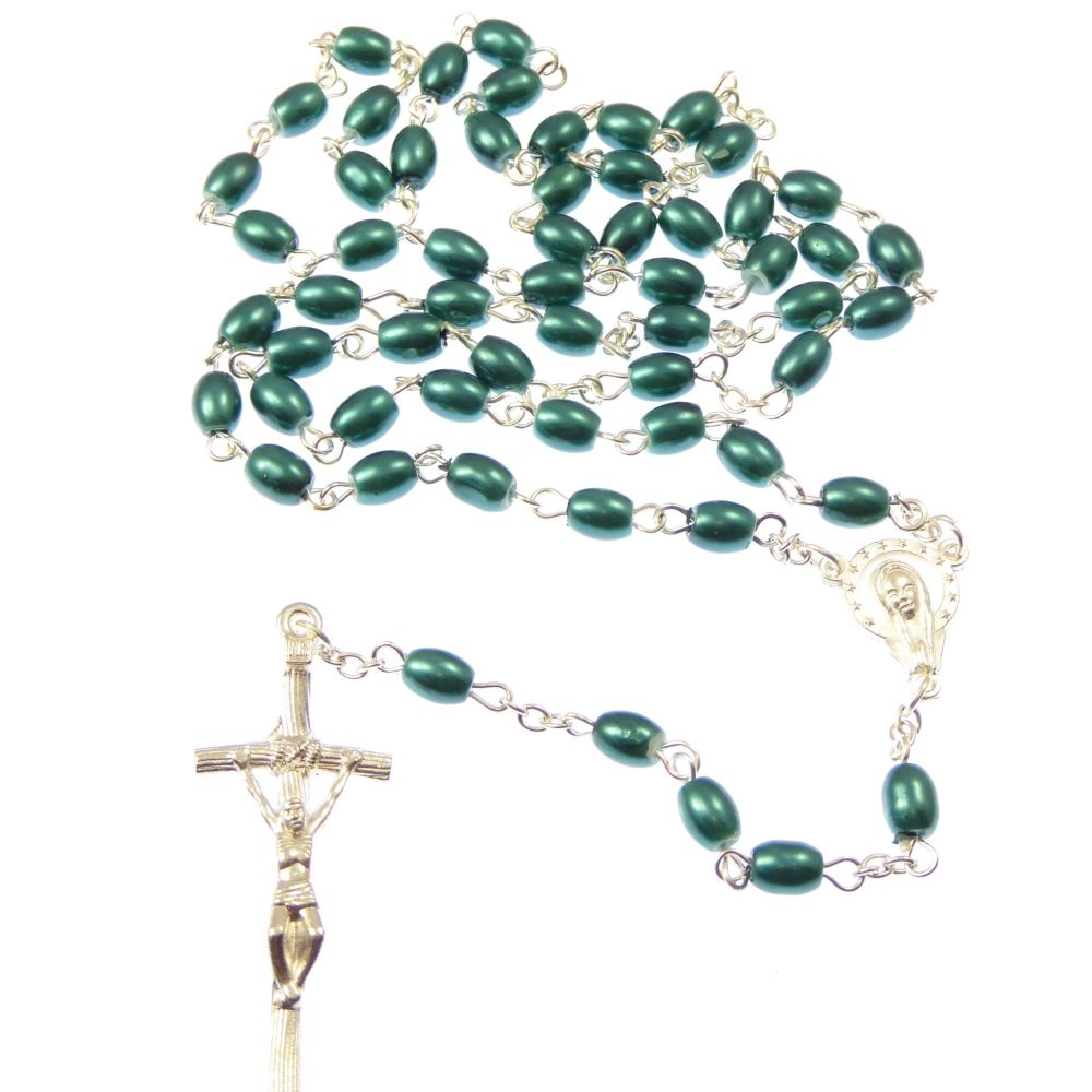 Green Blue Catholic rosary beads silver Papal crucifix