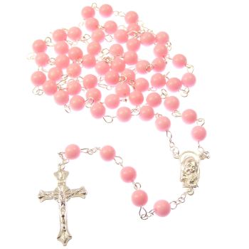 Large pink long Catholic rosary beads Mary Jesus center