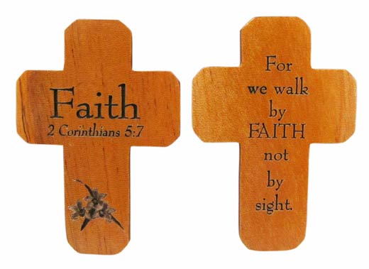 Faith Corinthians brown wooden 5cm pocket crucifix Christian gift lasered c