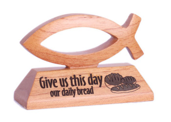 Give us this day our daily bread wooden Christian fish desktop gift 10cm long Matthew 6:11