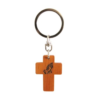 Praying hands brown wooden Christian keyring cross gift