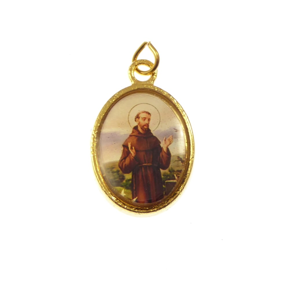 Catholic rosary medal - St. Francis image - gold