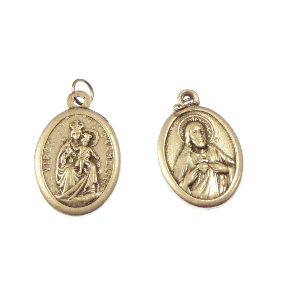 Virgin of Carmel & Sacred Heart silver metal medal rosary beads pendant