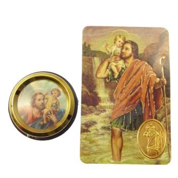 St. Christopher car plaque gift magnet adhesive gold + prayer card colour pic