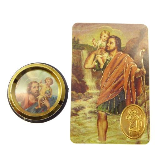 St. Christopher car plaque gift magnet adhesive gold + prayer card colour p