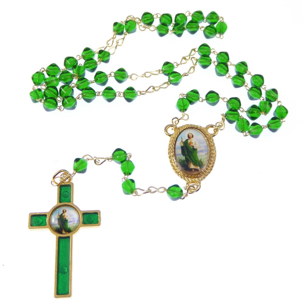 St. Jude green bicone glass rosary beads with gold crucifix